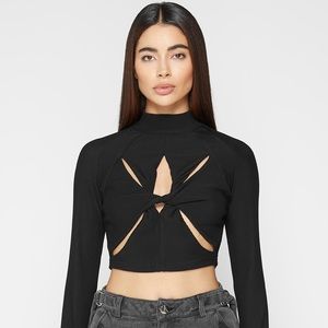 TWISTED RIBBED LONG SLEEVE TOP - BLACK